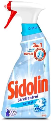 SIDOLIN Streifenfrei All in 1 Cristal (500 ml), Glasreiniger verleiht Sauberkeit, Glanz & Schutz, Fensterreiniger mit Bio-Alkohol, Flasche aus 100% recyceltem Plastik