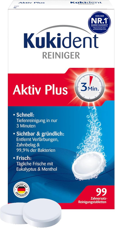 Kukident Aktiv Plus Reinigungstabletten - Tabs zur Reinigung von Zahnersatz, Zahnprothese & Gebiss - 1 x 99 Tabletten
