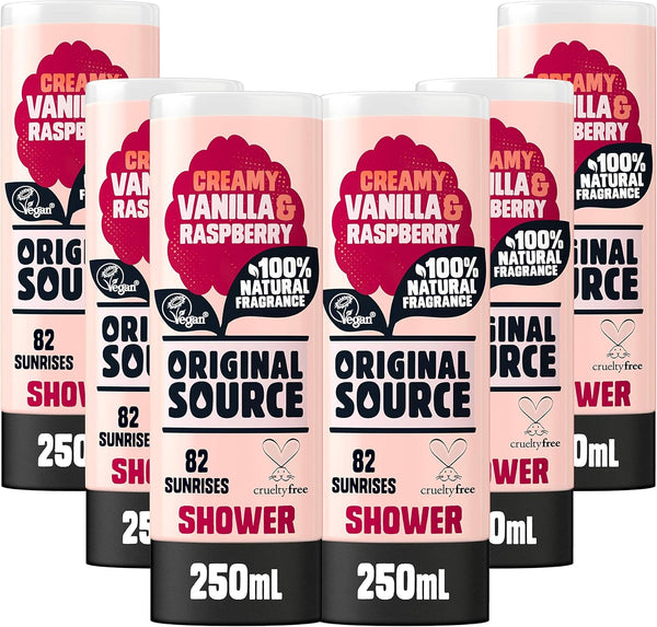 Original Source Vanilla & Raspberry Shower Gel, 100 Percent Natural Fragrance, Vegan, Cruelty Free, Paraben Free, Bulk Buy, Pack of 6 x 250 ml