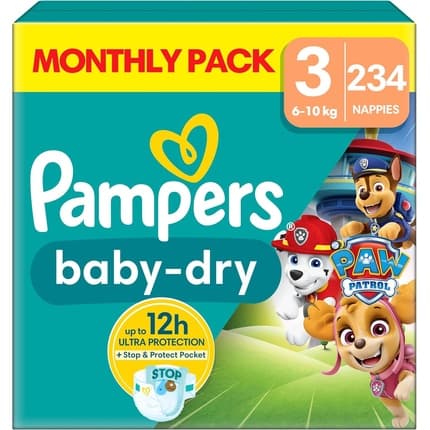 Pampers Babydry Paw Patrol Edition Size 3 234 Nappies 6kg 10kg With A Stop & Protect Pocket To Help Prevent Leaks At The Back